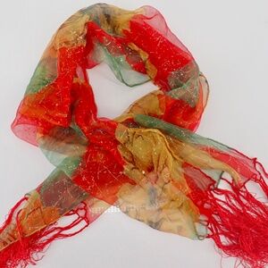 Floral Red Blue Gold Rectangle Fringed Designer Nylon Scarf Shall Wrap 45" x 23"